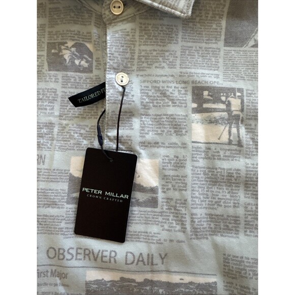 NEW Peter Millar Crown Sport Men's Blue Golf Newspaper Print Ace Polo Shirt L - Picture 2 of 9